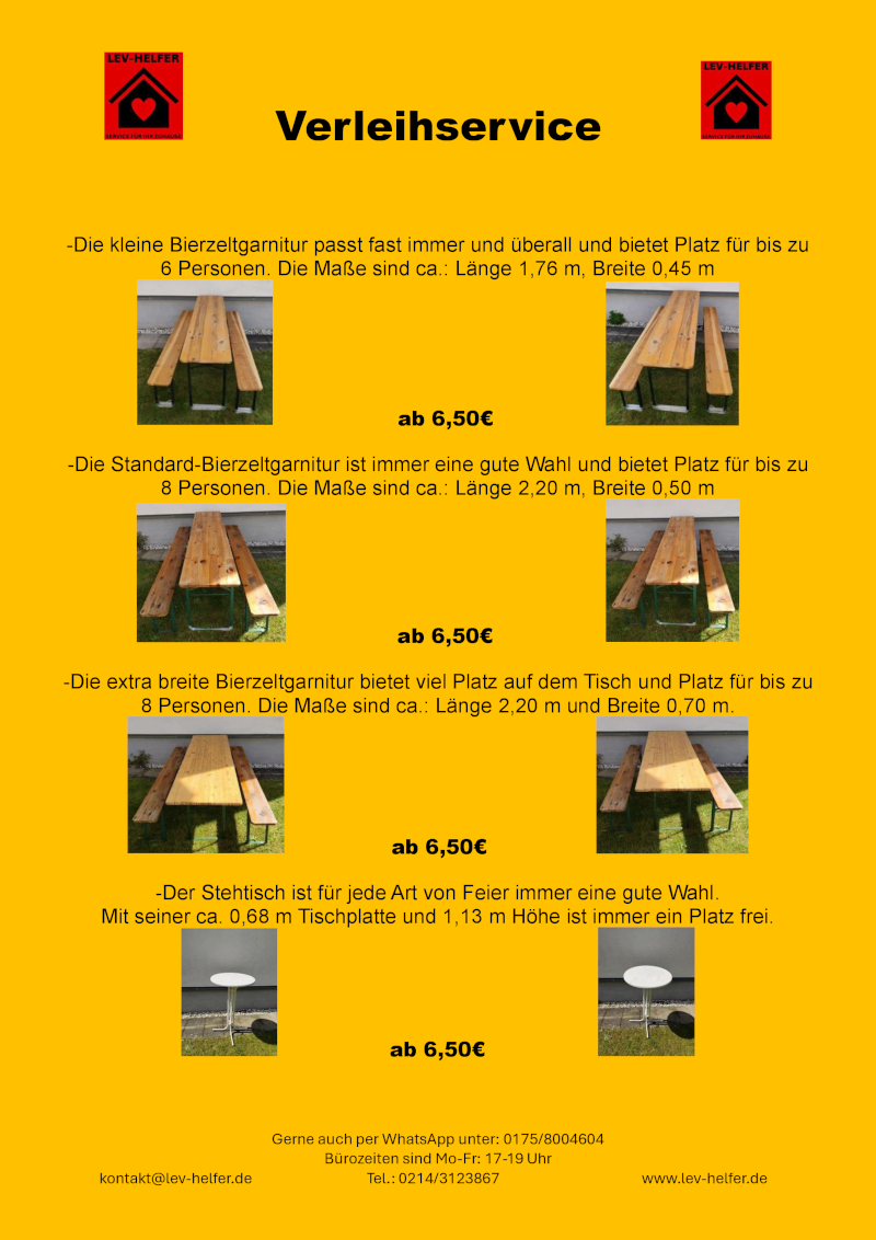 Preisliste Verleihservice